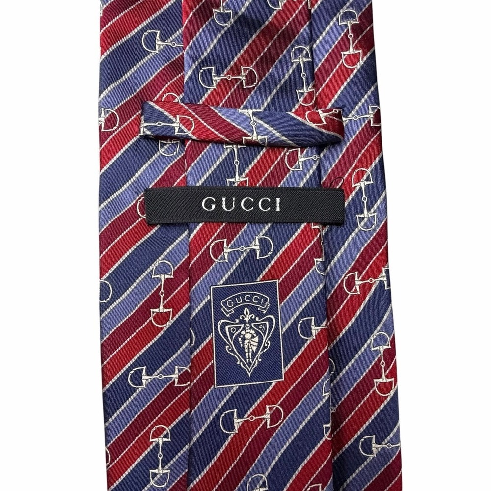 Gucci Men's Tie Striped Horsebit Logo Blue/Red Satin Silk 3 7/8" (W) 59" (L) euc